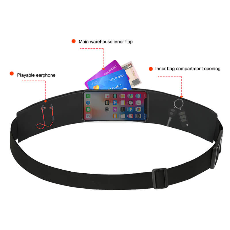 Waterproof waist running bag with storage for phone, credit cards, keys, and earphones, showcasing a sleek, unisex design.